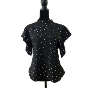 Women's Black and White Blouse Flutter Sleeve Heart Print Size Medium
